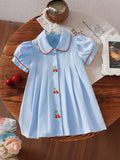 Baby Girls light blue Peter Pan collar cherry embroidery dress