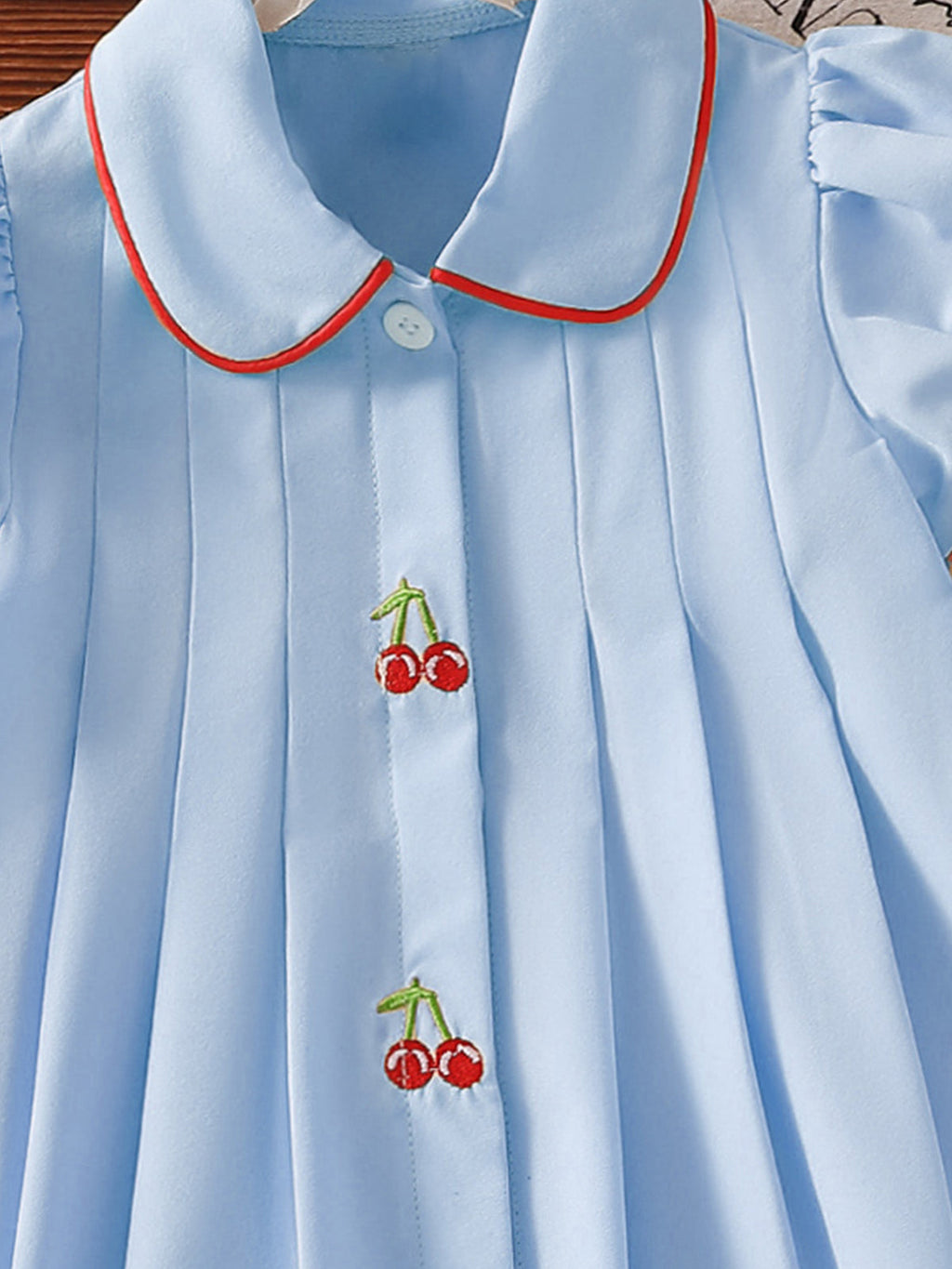 Baby Girls light blue Peter Pan collar cherry embroidery dress