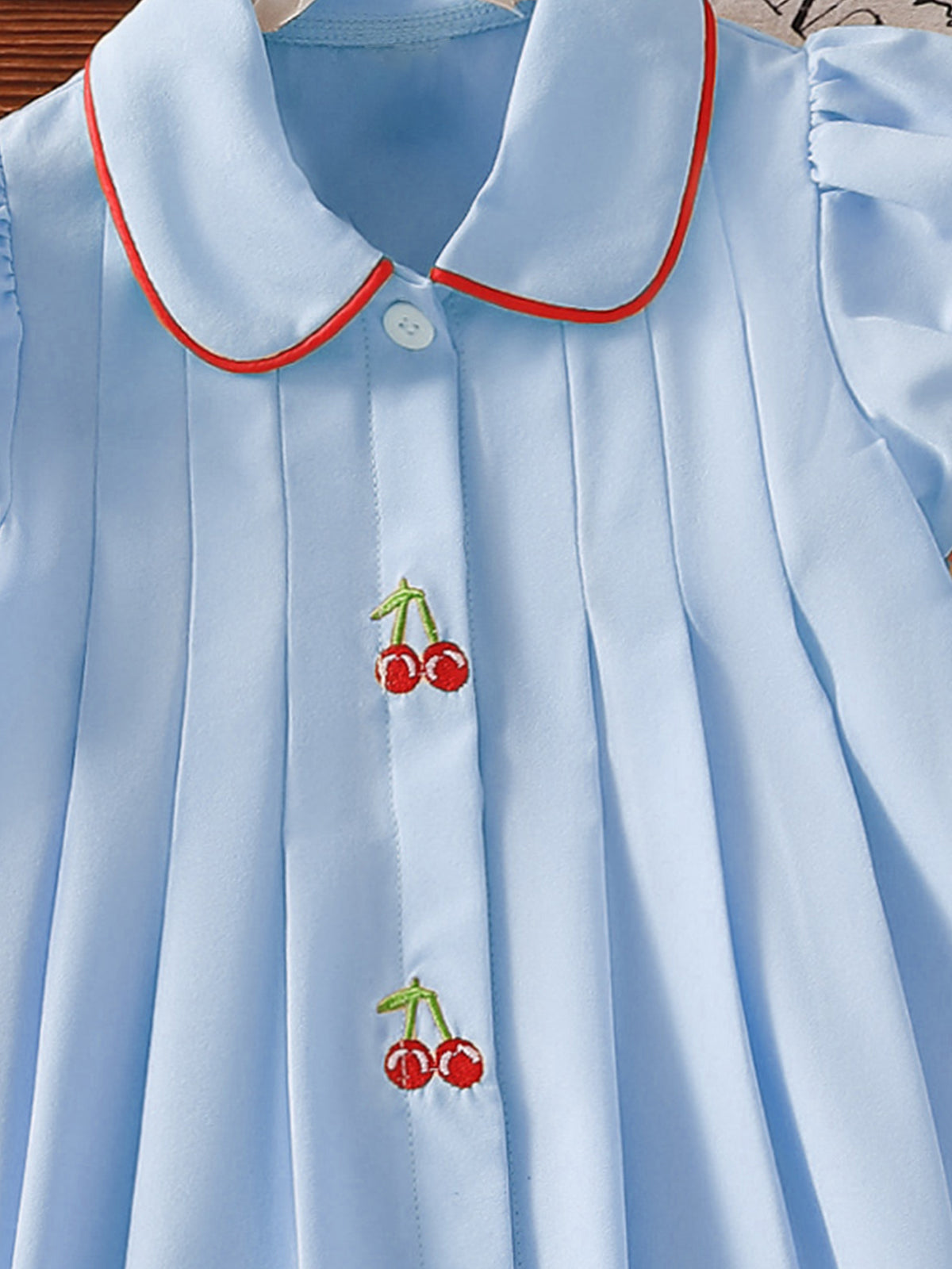 Baby Girls light blue Peter Pan collar cherry embroidery dress