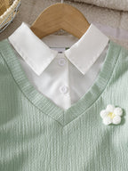 طقم قطعتين للبنات الصغيرات، ربيع/خريف، يتكون من تيشيرت بأكمام طويلة وبنطال من قماش منقوش.