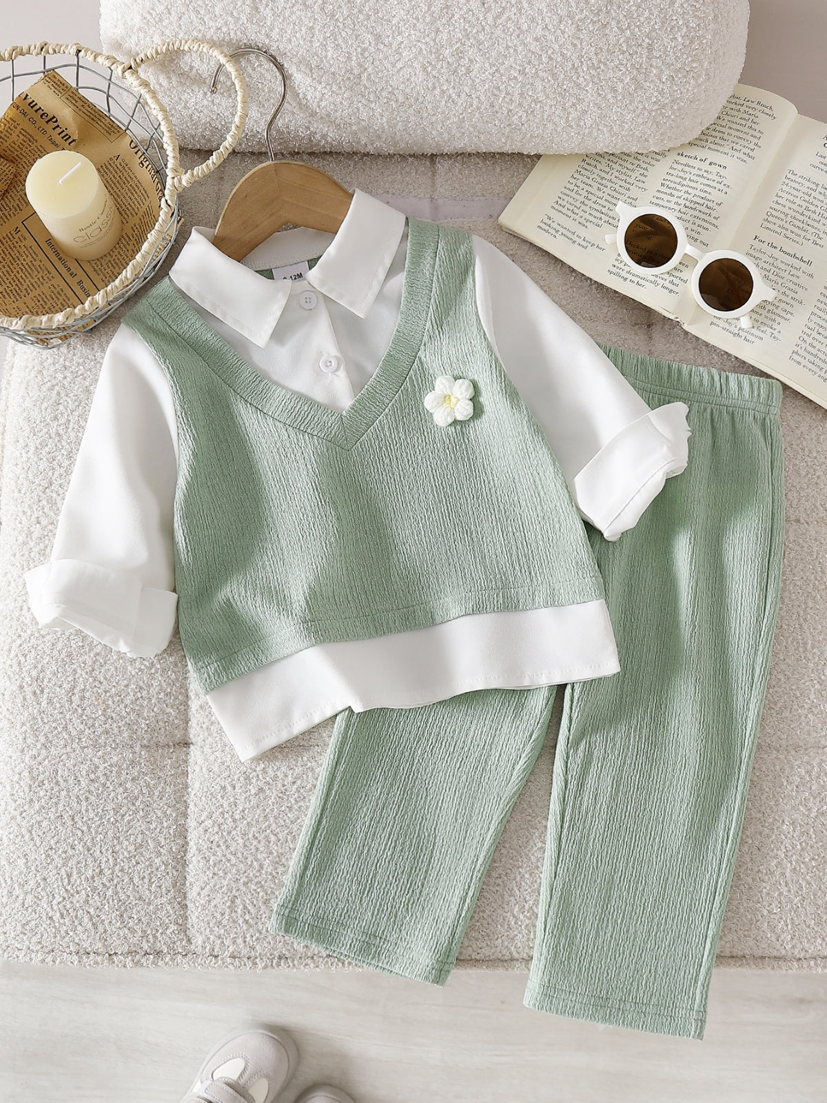 Baby Girls Spring/Autumn Long-sleeve Faux Two-piece T-Shirt and Textured Fabric Trousers Two-piece Set