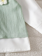 طقم قطعتين للبنات الصغيرات، ربيع/خريف، يتكون من تيشيرت بأكمام طويلة وبنطال من قماش منقوش.