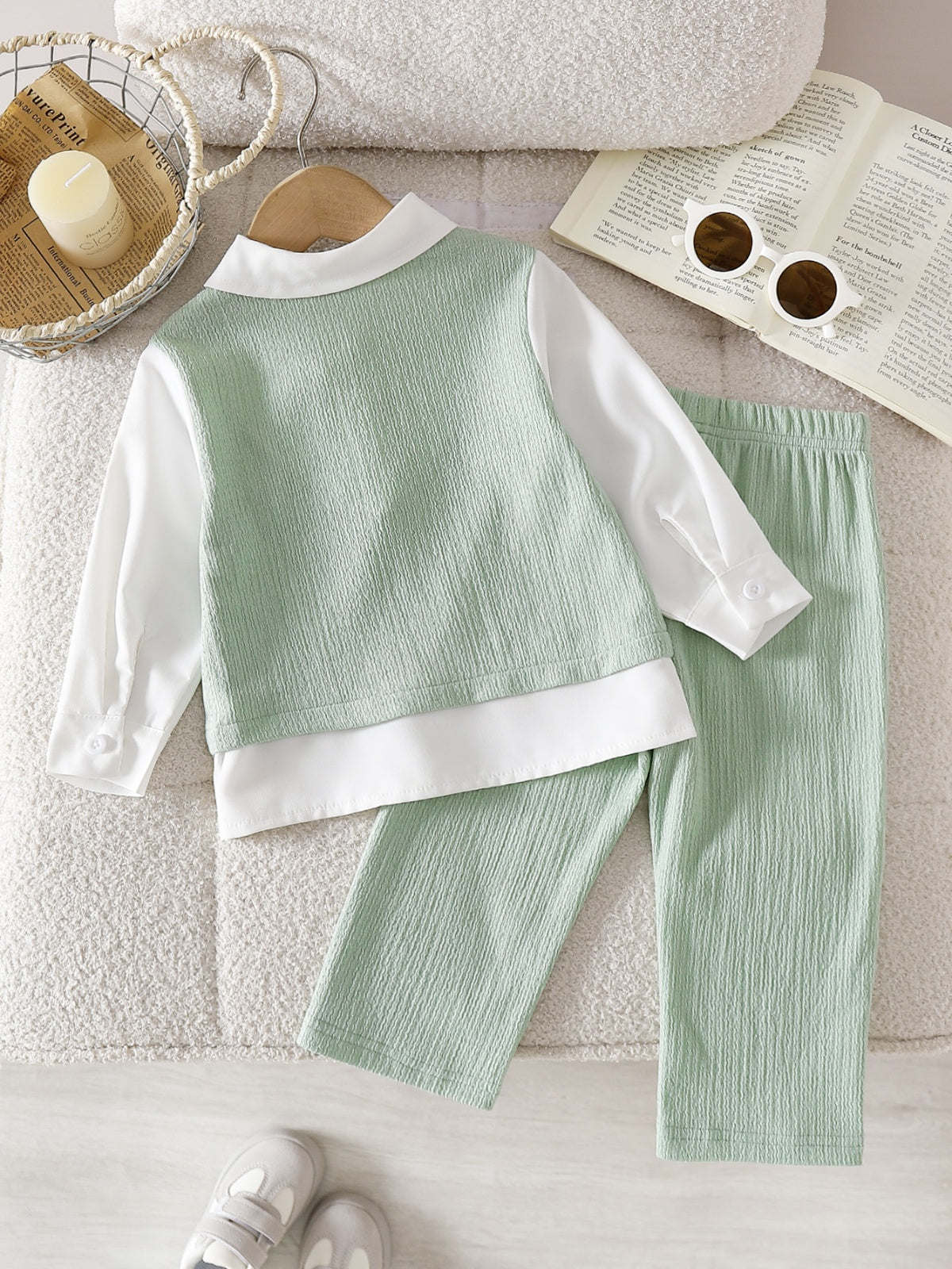 Baby Girls Spring/Autumn Long-sleeve Faux Two-piece T-Shirt and Textured Fabric Trousers Two-piece Set