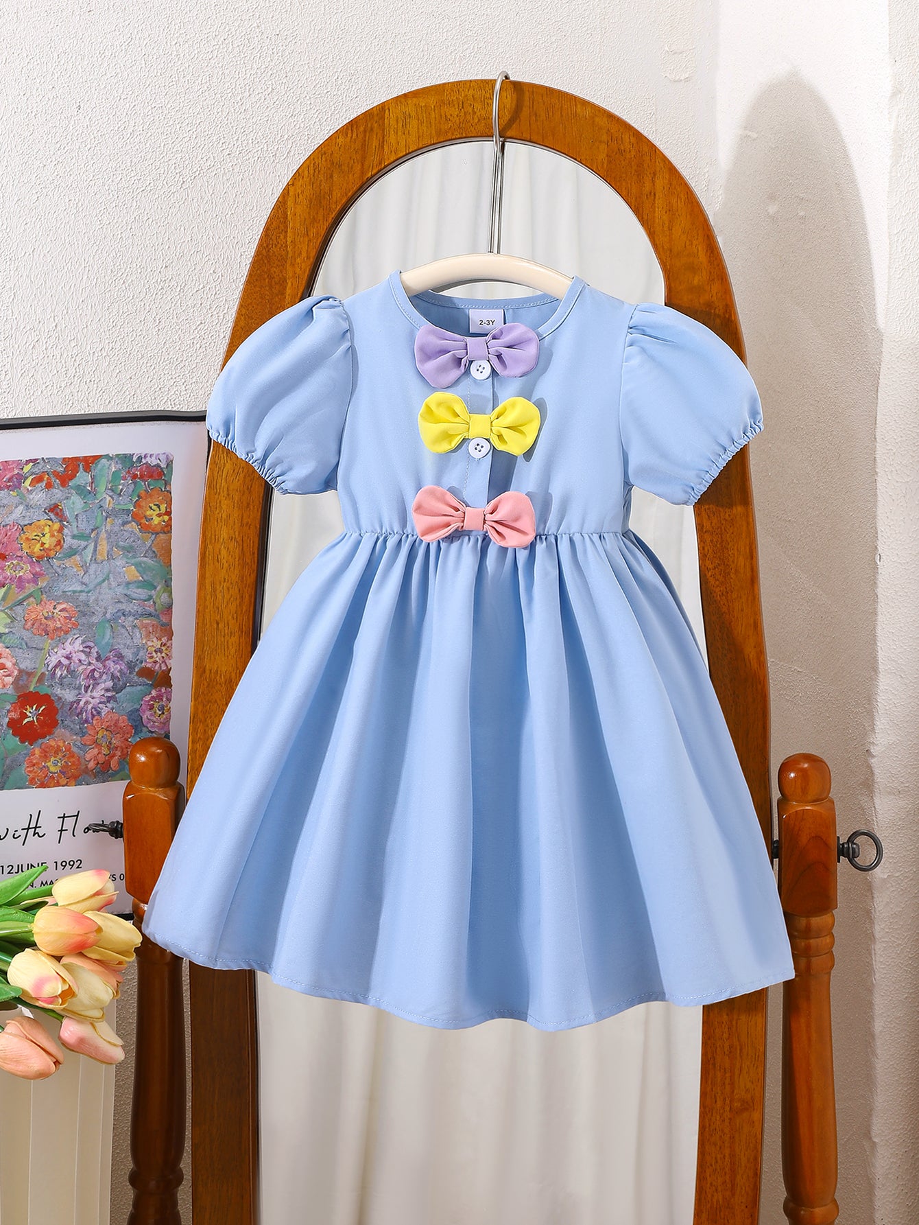 Girls Blue Short Puff Sleeves Bowknot Dress