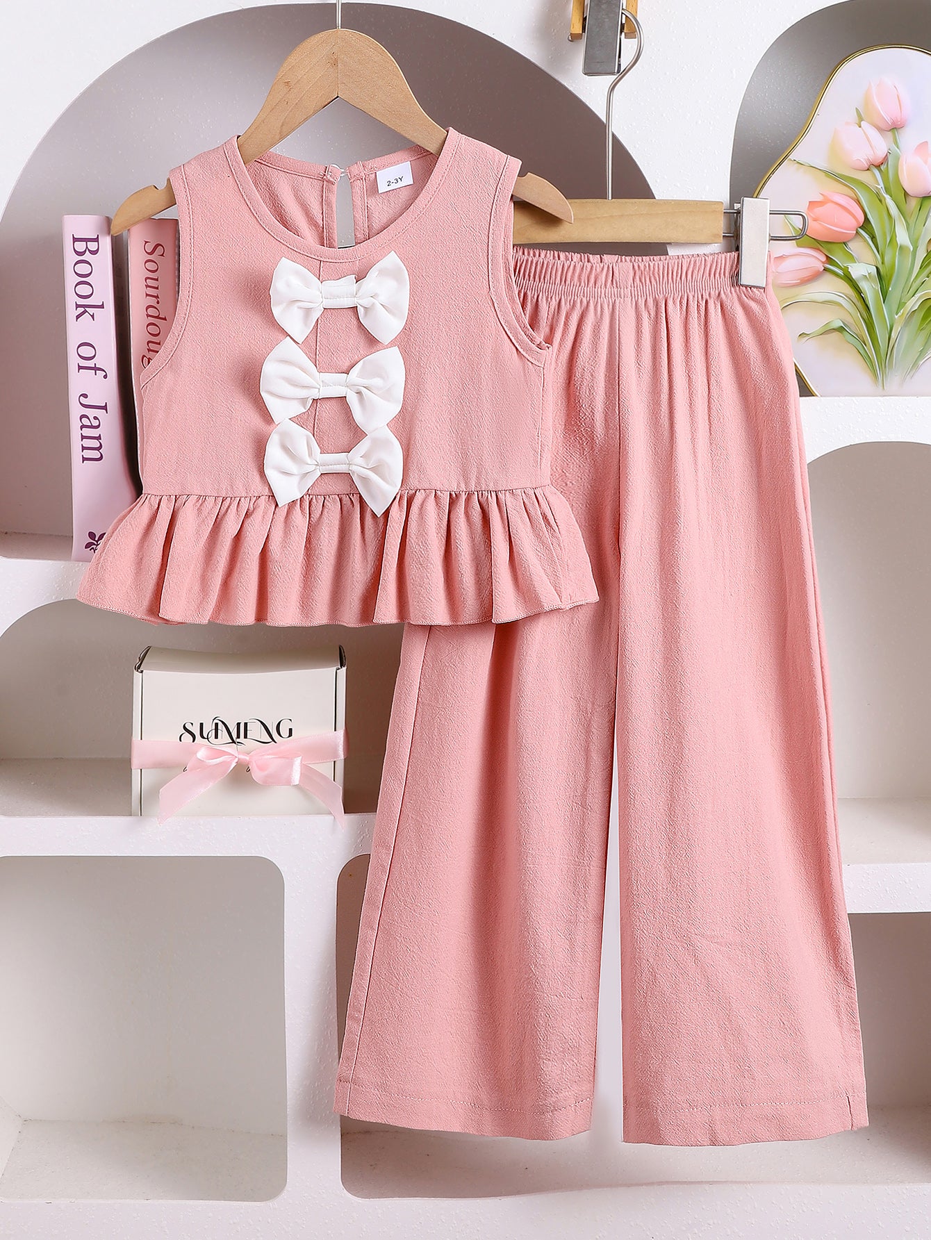 Girls Pink Sleeveless Bowknot Top And Pants Two-Piece Set