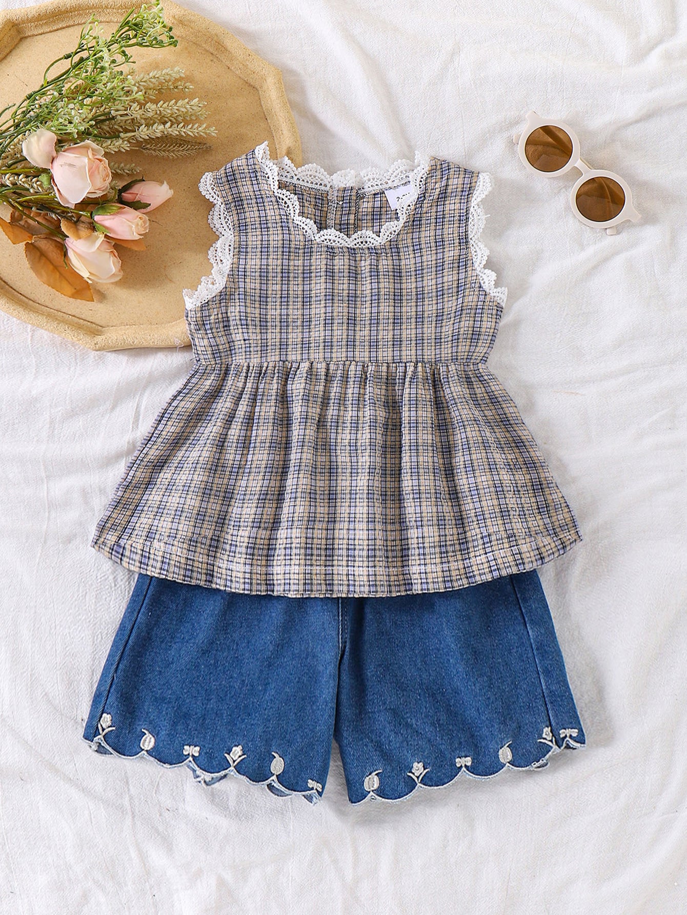 Girls Plaid Tank And Denim Shorts Two-Piece Set