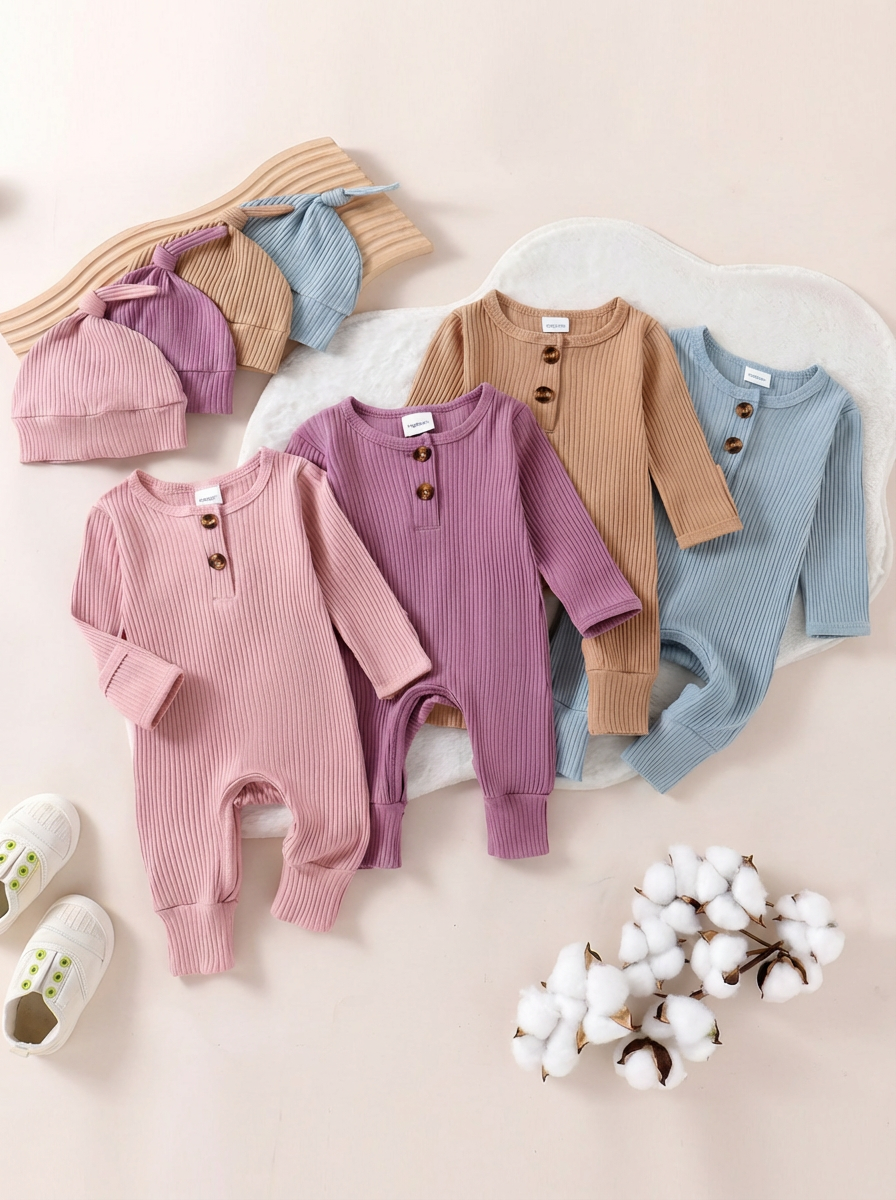 Newborn Basic Pink Solid Cotton Jumpsuit With Hat