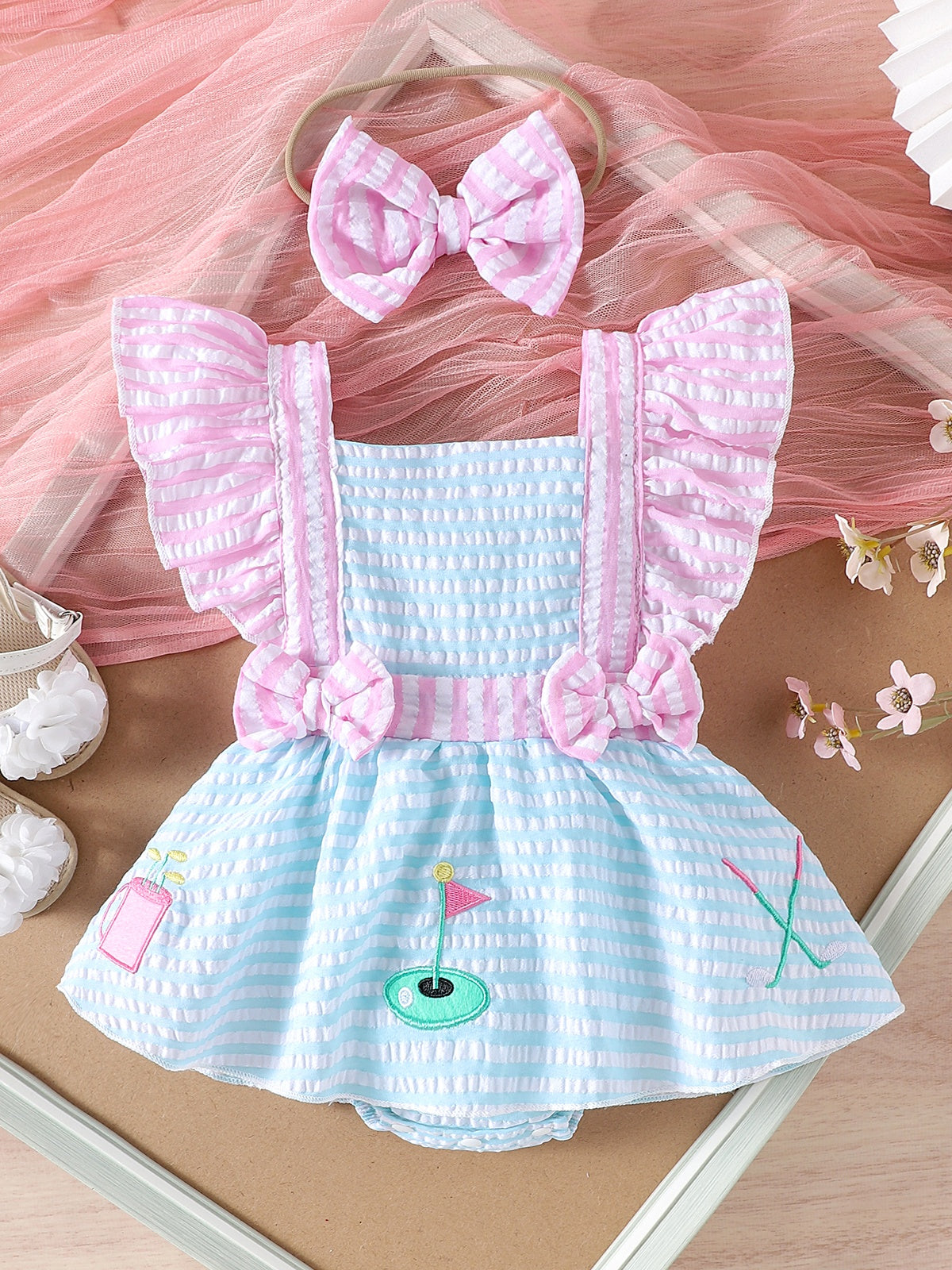 Baby Girls  Sleeveless Ruffle Texture Bowknot Dress Bodysuit