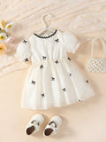Baby Girls Summer Embroidered Bow White Puff Sleeves Dress