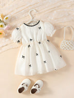 Baby Girls Summer Embroidered Bow White Puff Sleeves Dress