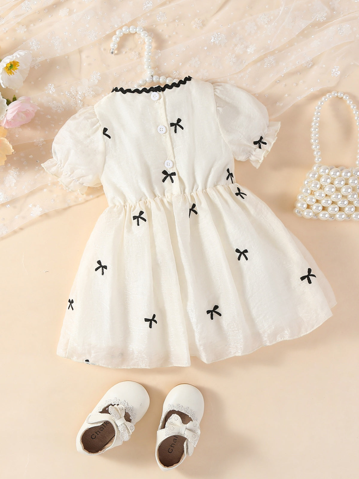 Baby Girls Summer Embroidered Bow White Puff Sleeves Dress